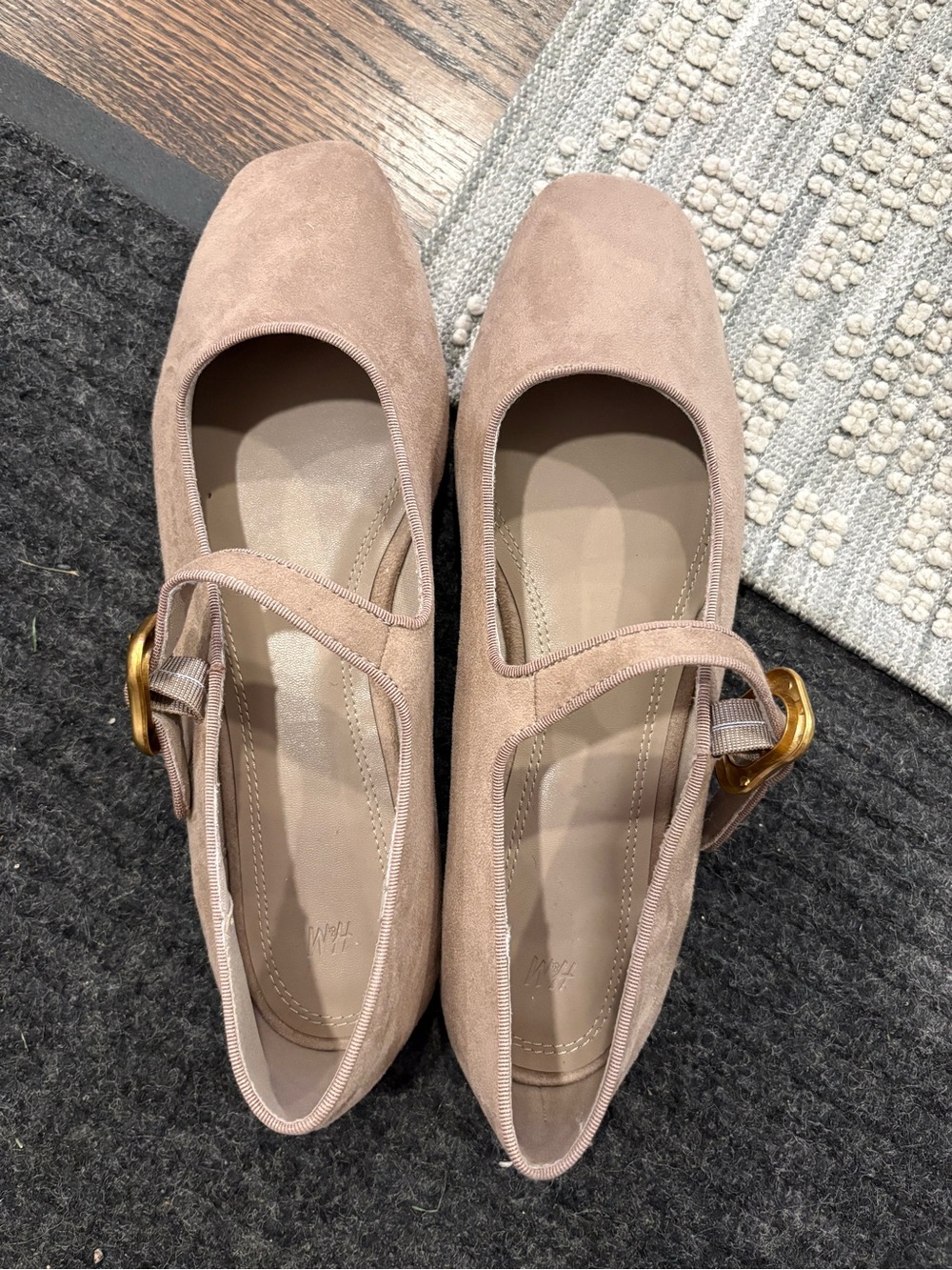 H&M Blush Suede Mary Jane Flats with Gold Buckle